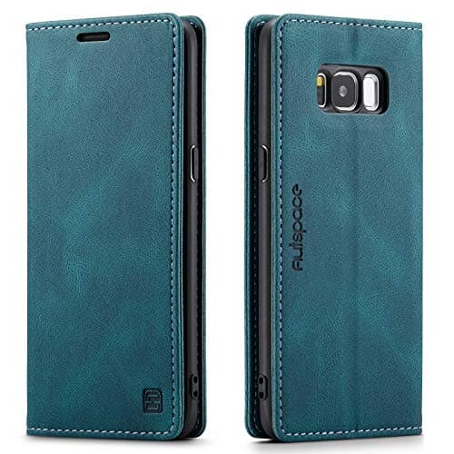 Image of LOLFZ Wallet Case for Samsung Galaxy S8, Magnetic Flip Leather Case with RFID Block Card Slots Kickstand Shockproof Protective Cover Compatible with Galaxy S8 - Blue