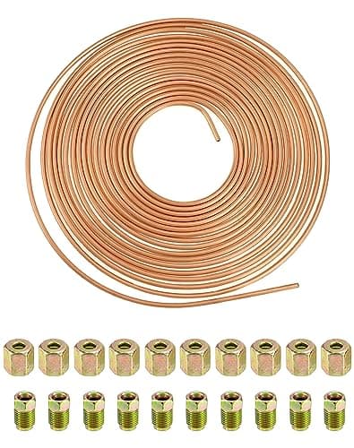 Image of QWORK® 3/16" x 32.8ft/10m Copper Plated Brake Pipe, OD 4.76mm, ID 3.3mm with 20 Nuts