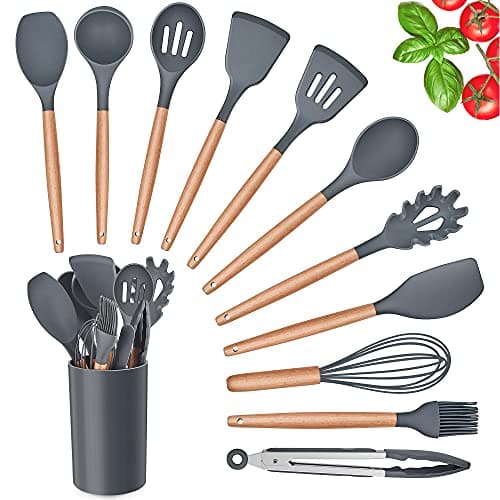 Image of Herogo Kitchen Utensils Set, 12 Piece Silicone Utensil with Holder, Heat Resistant Cooking Utensils with Wooden Handle for Non Stick Cookware Pans, Silicone Kitchen Gadgets Tool Set (Grey)