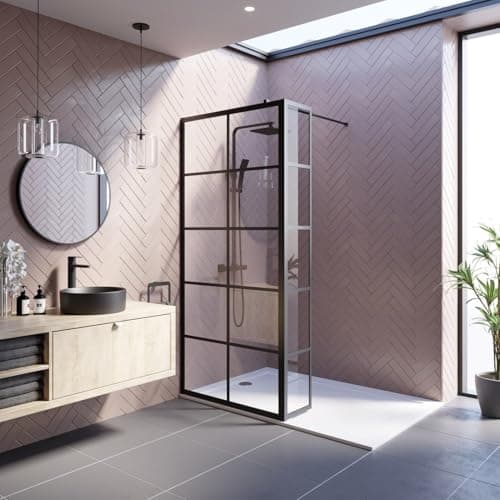 Image of BAYSTONE® 900mm Wet Room Shower Screen Panel Grid 8mm Toughened Safety Glass Walk in Shower Enclosure + Fixed Return Panel, Matt Black