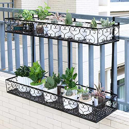 Image of 2-Tier Hanging Balcony Planter Shelf Black Iron Space-Saving Contemporary Design with Natural Elements 80x25x12cm - Perfect for Indoor/Outdoor Garden Decor