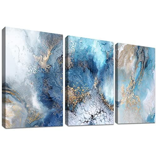 Image of Set of 3 Wooden Framed Canvas Wall Art Gold Blue Ocean Canvas Prints Abstract Painting Poster Wall Pictures for Living Room Bedroom Hallway Stairs Wall Decoration Ready To Hang 30x40cm x3pcs