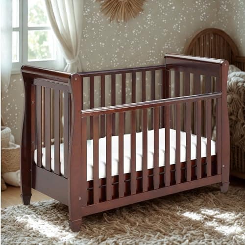 Image of Babymore Eva Sleigh Cot Bed Brown - Drop Side Cot Without Mattress, Baby Cot Bed With Teething Rail & Drawer, Convertible to Toddler Bed & Day Bed | 3 Adjustable Bed Base Positions (Brown)