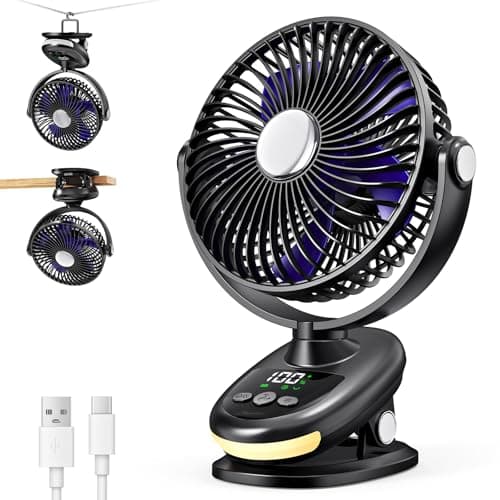 Image of iNeibo 6000mAh Portable Clip on Fan with 180° Auto Oscillation, 6" Rechargeable Desk Fan with LED Lights & Timer, 5 Speeds, Quiet Small Table Fan for Bedroom Home Outdoor Camping Stroller (Black)