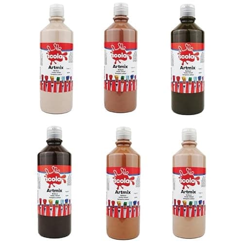 Image of scola Artmix Ready Mixed Water Based Tempera Paint, 6 Assorted Skin Tone Colours, 600ml Bottles, Safe Non-Toxic Poster Paints, Craft Projects, Sponge Painting, Finger Painting for Children