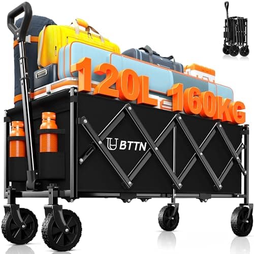 Image of BTTN 120L Extra-Long Folding Festival Trolley on Wheels, 160kg (350LBS) Capacity Shopping Trolley with Silent Wheels, Foldable Camping Garden Cart with Adjustable Handle, Portable Utility Wagon, Black