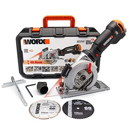 Image of WORX Circular Saw 800W WX437, Blade 120 mm, Cutting Depth up to 43 mm, Ideal for Wood, Metal, Plastic, Stone, Supplied with Accessories, Guide and Vacuum Cleaner Adapter
