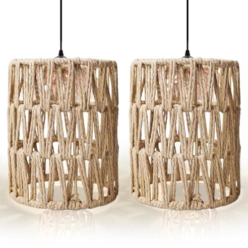 Image of PRITOK Rattan Lampshade: 2 Pack Boho Style Woven Rattan Pendant Light Shades, Natural Light Cover, Cylinder Woven Lampshade, Weaving Handicraft Lamp Shade for Restaurant, Living Room, Bar