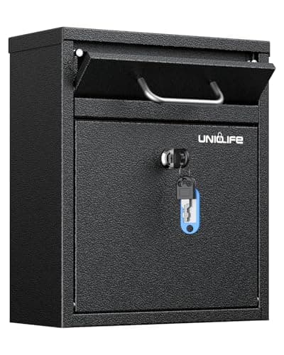 Image of Uniclife Black Wall Mount Mailbox for Outside, Heavy Duty Locking Mailboxes, Large Mailbox with Key Lock, Security Mail Box, Safe Key Drop Box, Post Box, Steel Cash Drop Box, 27x12x31(cm)
