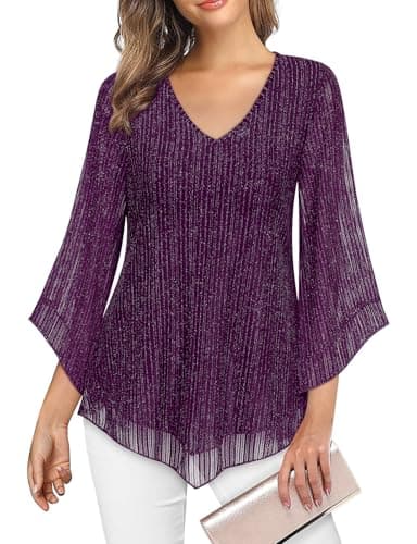 Image of Gemulate Purple Blouses for Women - UK Evening Tops Plus Size Ladies V-Neck Tops for Wedding Guest - Long Sleeves - Purple Stripes, XXXL