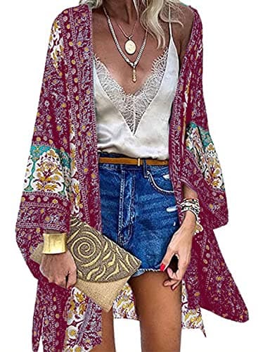 Image of CheChury Kimono Cardigans for Women Bohemian Tops Beach Coverups Floral Print 3/4 Sleeve Kimono Swimsuit Cover Up Beachwear Shawl Casual Blouse Top Boho Summer Ladies Cardigan,Red,M