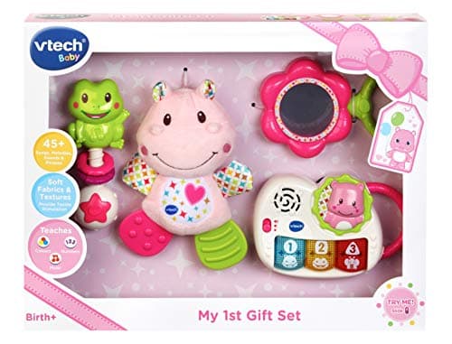 Image of VTech My First Gift Set New Baby Gifts | Newborn Baby Toys Including Hippo Animal Plush, Baby Teether, | 0, 6, 12 Months + for Boys & Girls, Pink, English Version,Box size: 40 x 30.5 x 7.8cm