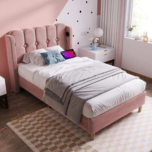 Image of Merax Single bed frame, 3ft Upholstered Single Girls Bed, with USB and Type-C Charging, Sturdy Wooden Slatted Frame, No Mattress, Pink+Velvet/90x190 cm