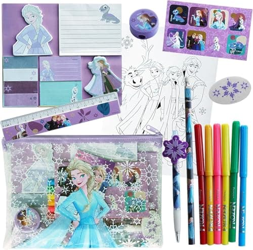Image of Disney Frozen Colouring Set for Girls – 9-Piece Stationery Kit with Pencil Case, Elsa Drawing Papers, Stickers, Markers & More – Travel Colouring Set – Perfect Princess Gift for Age 4–5