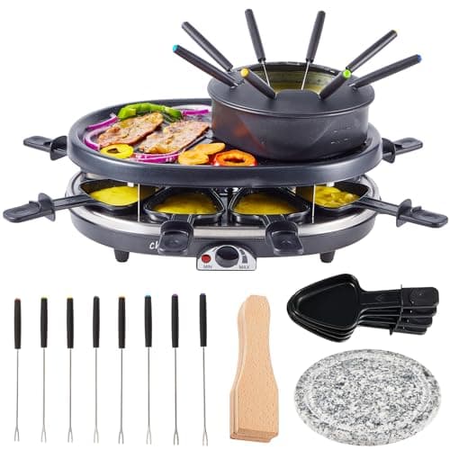 Image of Electric Fondue Pot Set, 1300ML Fondue Pot with Grill Plate, 8 Color-Coded Forks, 8 Non-Stick Pans, Adjustable Thermostat Fondue Grill Combo for Chocolate, Cheese, Grilling for 8 People Parties