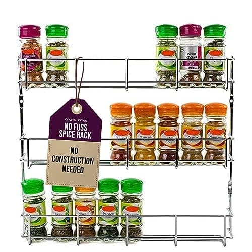 Image of andrew james 1/2/3/4/5 Spice Rack Organiser – No Assembly Needed | Chrome Hanging Spice Shelf for Inside Cupboard Door or Wall Mounted | Kitchen Organiser & Storage Rack with Fixings - Holds 24 Jars