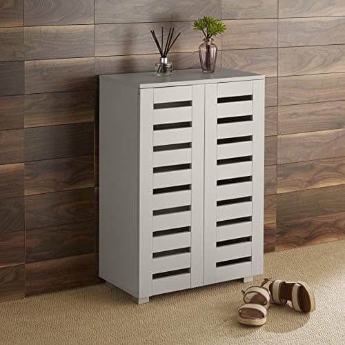 Image of Home Source 2 Door Wooden Shoe Storage Cabinet Rack Stand Slatted Cupboard, Grey