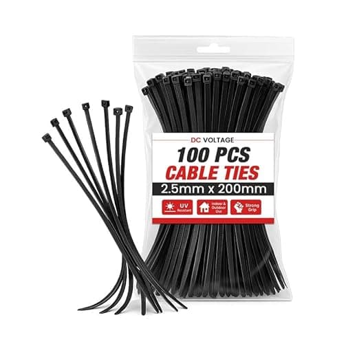 Image of DC VOLTAGE Black 200mm x 2.5mm Cable Ties Heavy Duty 100 Pcs NylonTies, 8" Ultra Strong 18kg / 40lbs Tensile Strength, UV Resistant Plastic Zip Ties Extra Long Tie Wraps for Outdoor Use