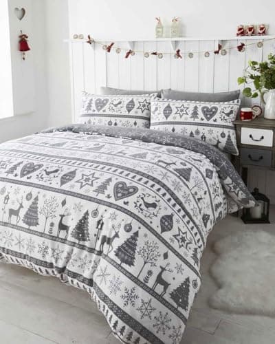 Image of HOMEMAKER BEDDING Christmas Duvet Cover Set Reversible Snowflake Christmas Tree Design Festive Holiday Bed Set in 3 Colours (Grey, Double)