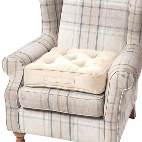 Image of HOMESCAPES Cream Armchair Booster Cushion Large Firm 50 cm Square Seat Pad with Supportive 10 cm Thick Lift Luxury Soft Touch Faux Suede Cushion For The Elderly, Post-Operative and Pregnancy