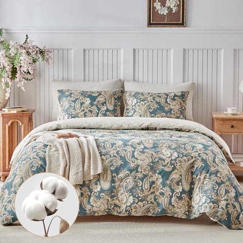 Image of Lekesky 100% Cotton King Size Duvet Cover Sets 200T Cozy Cotton - Classic Paisley Pattern Bedding Sets King Size (1x Quilt Cover, 2x Pillowcases) Paisley Bedding 230x220 cm