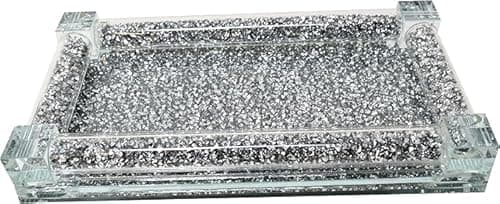 Image of Glass Mirrored Tray with Crushed Diamonds Frame Elegant Home Decor Accent Sparkling Crystal Bling Ideal for Vanity, Coffee Table, or Serving - 20cm