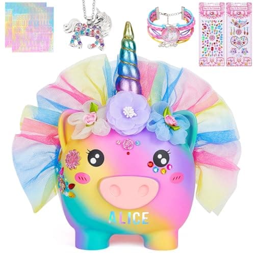 Image of MHJY Piggy Bank for Kids Unicorn Money Box Girls Unbreakable Resin Child Saving Bank Cute Large Coin Banks with Necklace Bracelet DIY Stickers Birthday Set