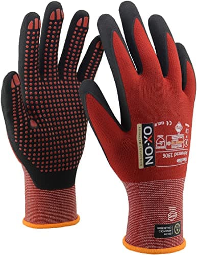 Image of OX-ON Flexible Advanced 1906 Red Work Gloves, Extremely Durable Safety Gloves, Secure & Precise Grip, Protective & Comfortable Nitrile Gloves, Dotted Palm For Extra Grip, Sanitised - 6pairs,Size 6/XS