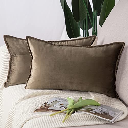 Image of Madizz Pack of 2 Super Soft Velvet Decorative Cushion Covers with Fringe Luxury Style Cushion Case Pillow Shell for Sofa Bedroom Brown 12x20 inch, 30x50 cm Rectangular