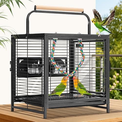 Image of VIVOHOME 48cm Wrought Iron Bird Travel Carrier Cage with Handle Bird Transport Cage With Wooden Perch Portable Parrot Cage with Pullable Tray for Parrots Conures Lovebird Cockatiel Parakeets