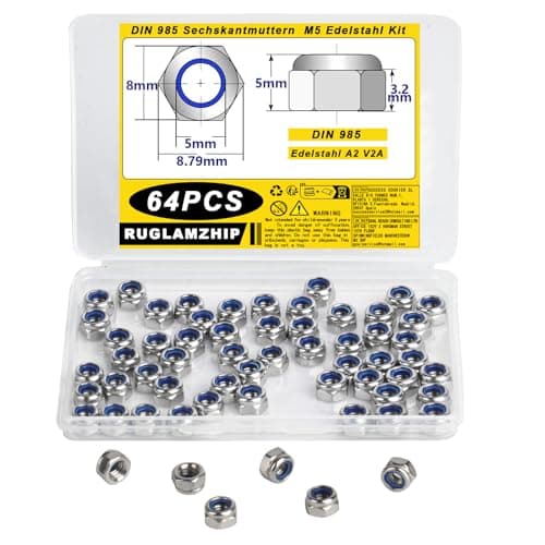 Image of M5 Nylock Nuts - Stainless Steel Hex Lock Nuts, Self-locking, DIN 985 Assortment (64 Pcs)