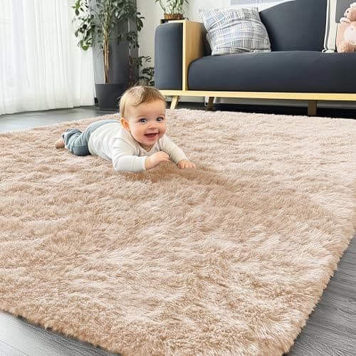 Image of Homaxy Fluffy Shaggy Rugs Living Room, Large Anti Slip Carpet, Machine Washable Soft Thick Pile Bedside Rug for Kids Bedroom, Nursery - Beige, 140 x 200 cm