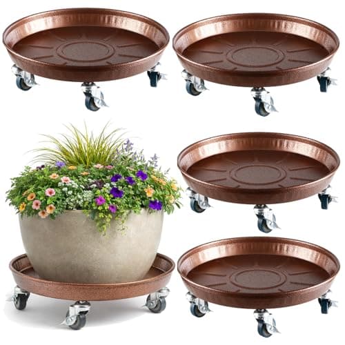 Image of Planterhoma 4 Packs 16 Inch Metal Plant Caddy with Wheels Extra-Large Rolling Plant Stand Heavy-Duty Iron Plant Dolly Casters for Indoor Outdoor Flower Pot Mover Roller Coasters, Copper