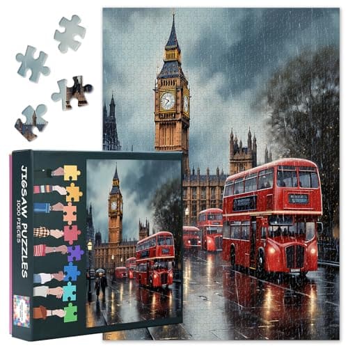 Image of Jigsaw Puzzles for Adults 1000 Pieces, 1000 Piece Puzzle for Adults, London Rain Scene with Big Ben and Red Bus - 27.5x19.7 In