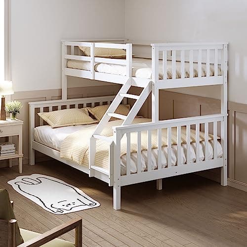 Image of ELEGANT White Wooden Triple Sleeper Bed Frame Solid Wood Bunk Bed Frame with Guard Rail, 3ft Single for Kids, 4FT6 Double for Adults, Pine Wood Bedroom Furniture