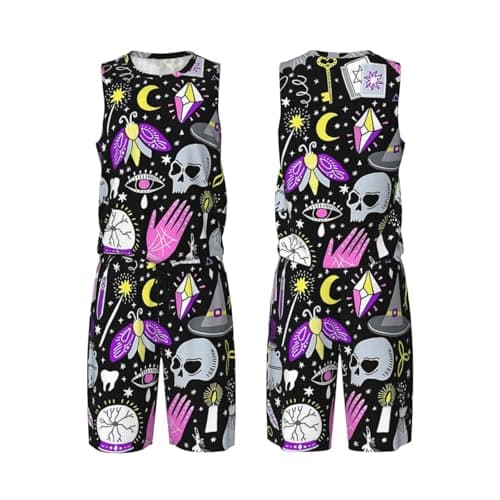 Image of Magic Witch Witchcraft Bohemian Drawing Men’s Basketball Uniform Set Mesh Sleeveless T-Shirt Running Workout Team Uniform