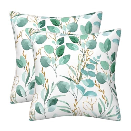 Image of DILOXNSU Set of 2 Gold Green Eucalyptus Leaf Cushion Cover 45 x 45 Soft Velvet Double-Sided Modern Decor Square Pillow Cases for Sofa Bed Couch Outdoor Cushions Covers 18 x 18 Inch Home Decorations