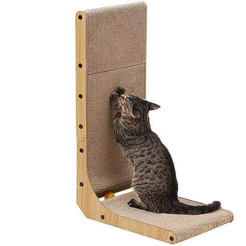 Image of FUKUMARU Cat Scratcher, 68 cm L Shape Cat Scratch Pad Wall Mounted, Cat Scratching Cardboard with Ball Toy for Indoor Cats