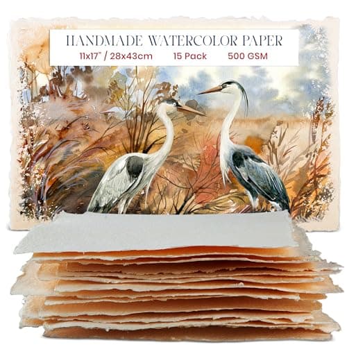 Image of Wanderings Thick Handmade Watercolor Paper with Deckled Edge - 28x43 cm - 500GSM Premium Ivory Cold-Pressed Textured Mixed Media Paper Made with Recycled Cotton - 15 Loose Leaf Sheets