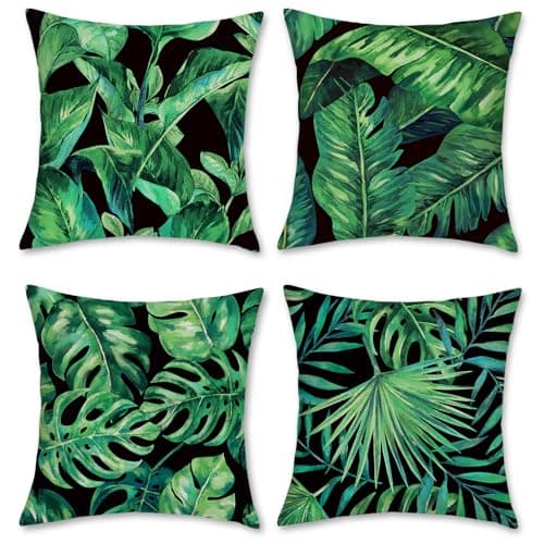 Image of Bonhause Tropical Leaves Cushion Covers 45 x 45 cm Green Leaf Decorative Throw Pillow Covers Polyester Linen Pillowcases for Sofa Patio Outdoor Home Decor Set of 4