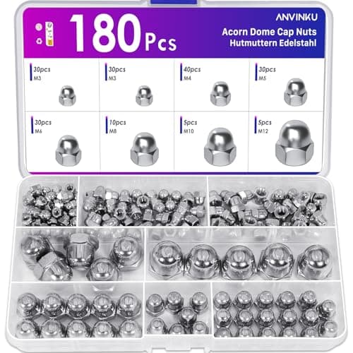Image of Acorn Dome Cap Nuts, ANVINKU 180PCS Stainless Steel Dome Nuts, Hex Cap Head Nut, Decorative Acorn Nut Caps Assortment Kit M3/M4/M5/M6/M8/M10/M12 for Motorcycle, Bicycles, Furniture