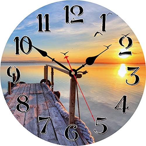 Image of VIKMARI 14 Inch Silent Non-Ticking Wooden Round Wall Clock Big Arabic Numerals Wall Clocks Sunset by the Sea Beach Pattern Clock Battery Operated Home Decor Hanging Clocks