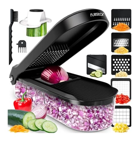 Image of Fullstar Vegetable Chopper & Mandoline Slicer - Julienne Cutter Dicer Grater for Food Veg Onion Cucumber Tomato Salad Potato Cheese - Kitchen Gadgets & Accessories (Compact 6-in-1, White)