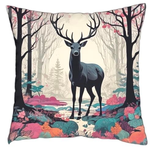Image of The Beach Stop Woodland Forest Animal Deer Accent Cushion Cover | Colourful Home Decor Inspo Gift Idea | 45x45cm 18x18” | Enchanted Stag