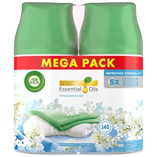 Image of Air Wick Automatic Air Freshener Freshmatic Spray Twin Refills, Crisp Linen and Lilac, Pack 2 x 250ml, Natural Essential Oils, Last up to 140 Days, Air freshener