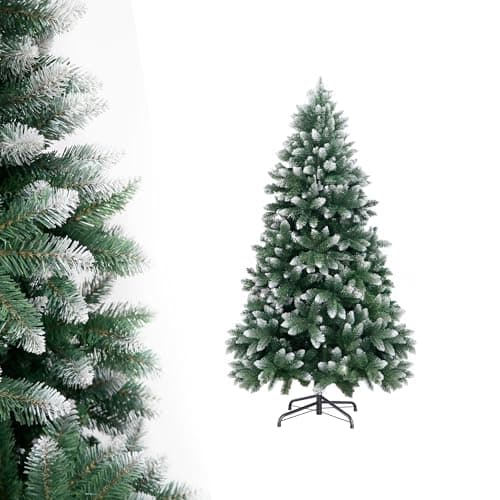 Image of APICIZON 4.5ft Flocked Christmas Tree – Snow Tipped Artificial Xmas Tree with 650 Branch Tips, Realistic White & Green Look, Sturdy Metal Stand, Indoor Outdoor Christmas Decoration 1.5m