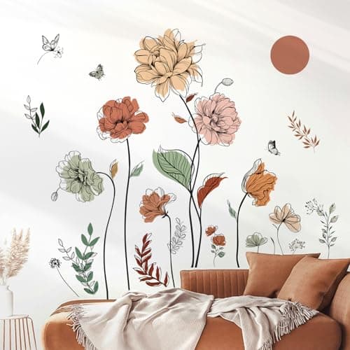 Image of decalmile Boho Watercolor Flower Wall Decals Bohemian Floral Plants Sun Wall Stickers Living Room Bedroom Office Wall Decor