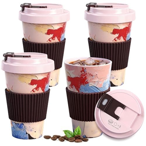 Image of Greentainer Travel Mugs with Lids, Plastic Unbreakable Leakproof Coffee Cups, 400ml Reusable to Go Camping Tumbler for Cold Water, Beer, Milk, Dishwasher & Microwave Safe, Set of 4,Pink