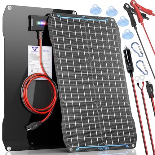 Image of Voltset 30W Solar Panel Car Battery Charger, 12V ETFE Portable Waterproof Solar Power Trickle Battery Charger & Maintainer for Car, Boat, RV, and Motorcycles with Cigarette Lighter ＆ Alligator Clips