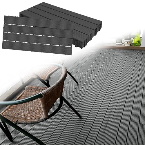 Image of YEATHOR Garden Decking Tiles, WPC Plastic Terrace Tiles, 30x60cm Interlocking Flooring in Wood Look, Weather-Resistant, Indoor Outdoor Drainage Balcony Flooring, (6 Tiles, Anthracite)